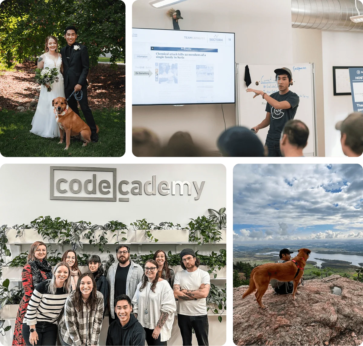 Photos of Jerimie with family, team, and presenting