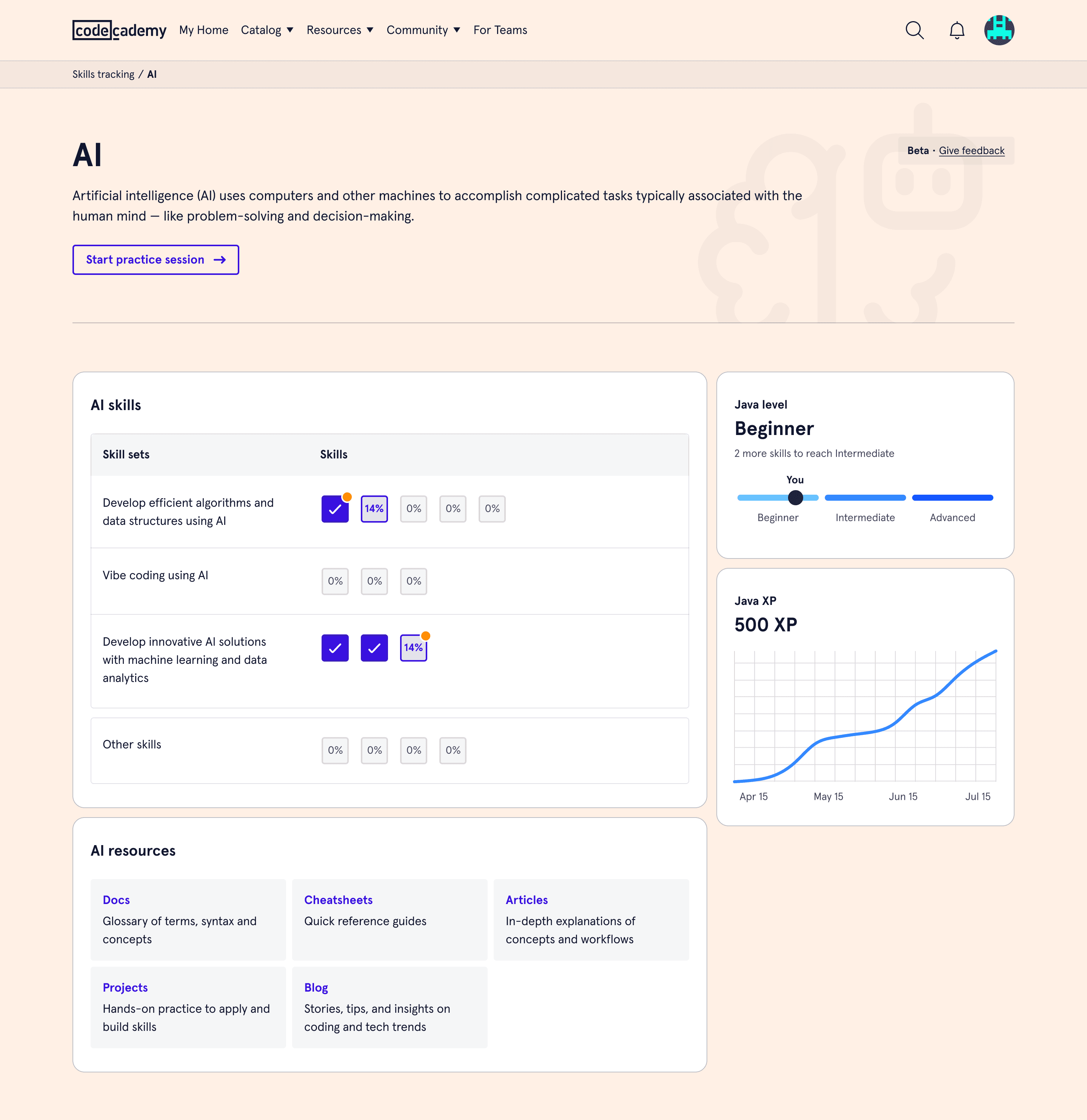 AI skills tracking page with resources