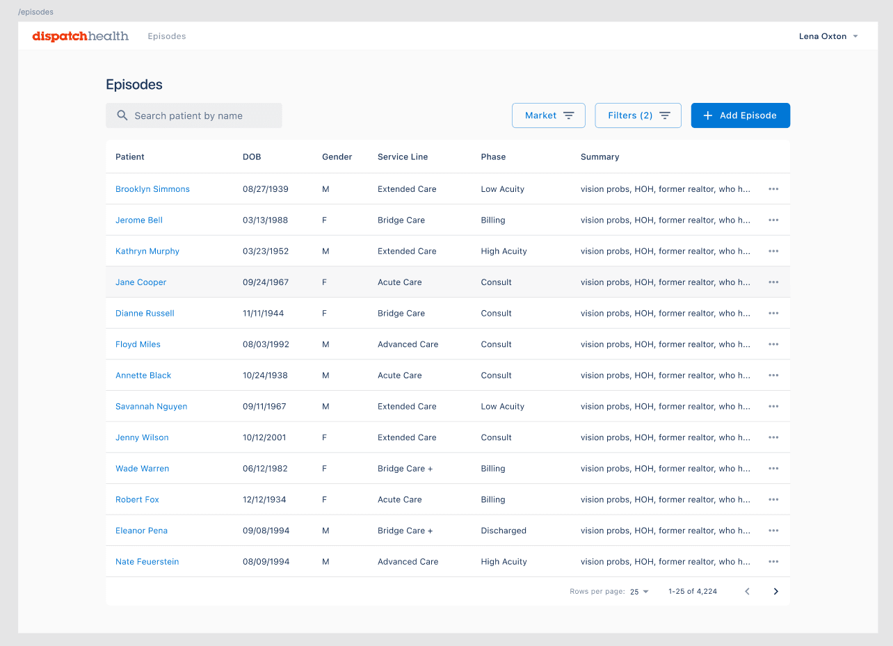 An early iteration of the list of patients was a simple list view — our goal was to get something simple out first and build upon it