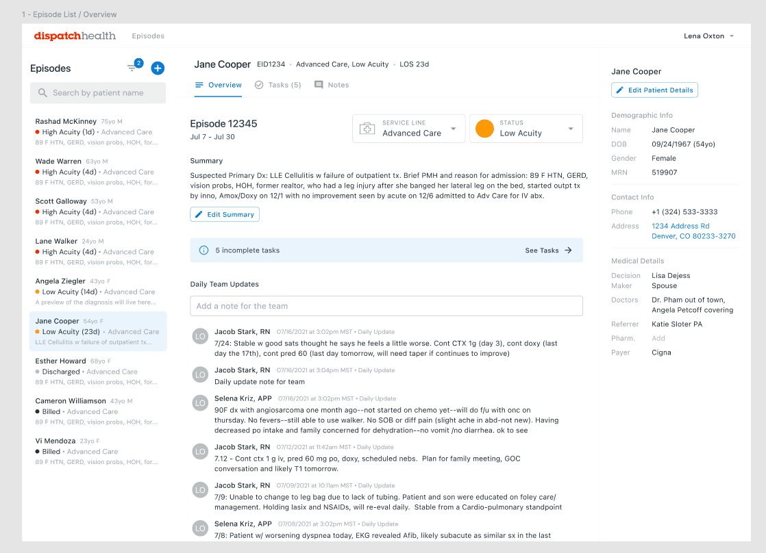 Early draft of a patient view that allows providers to quickly access other patients via a persistent sidebar on the left