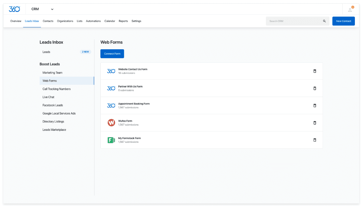 A list of web forms that a user has previously created with a button to create more