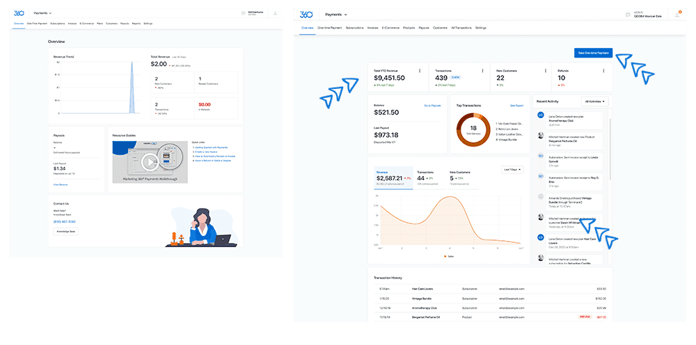 Comparing the old (left) Payments app dashboard with the new (right)