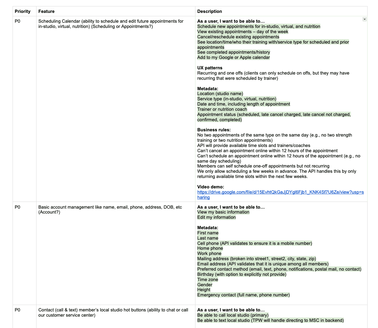 A snippet of our initial planning documents as we prioritized based on customer and trainer feedback