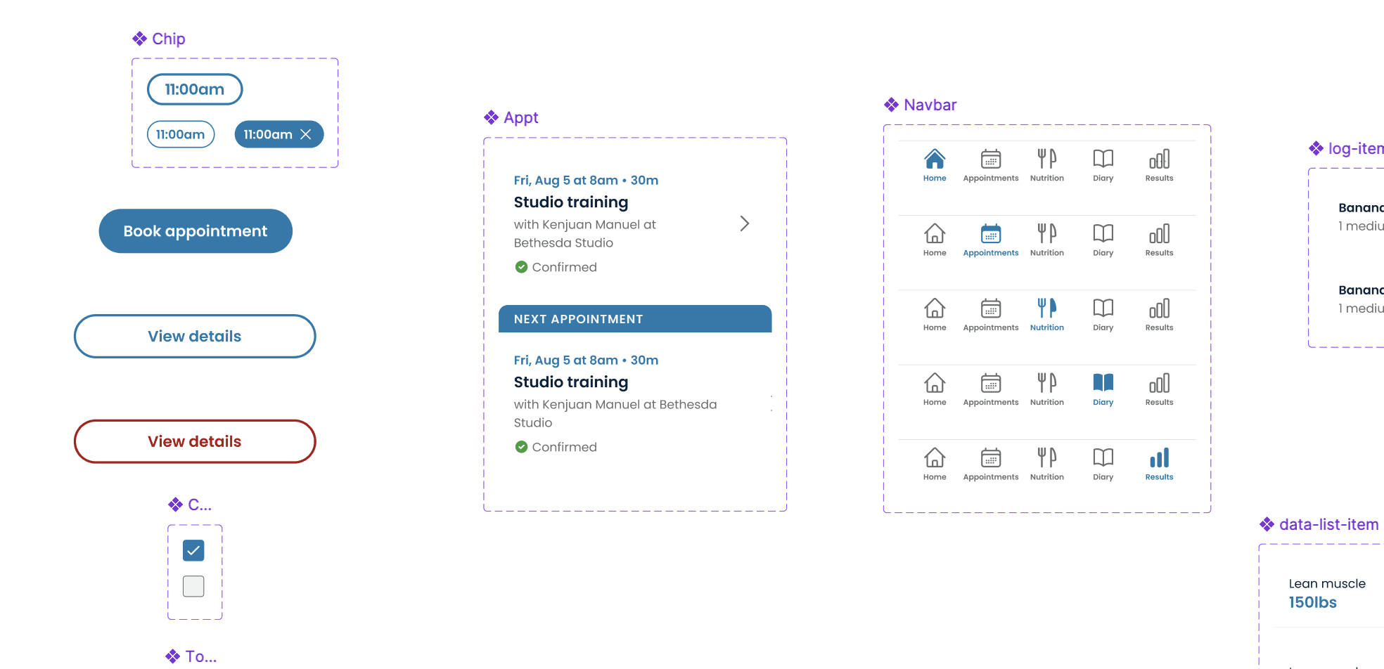 Examples of new components designed specifically for the new mobile app