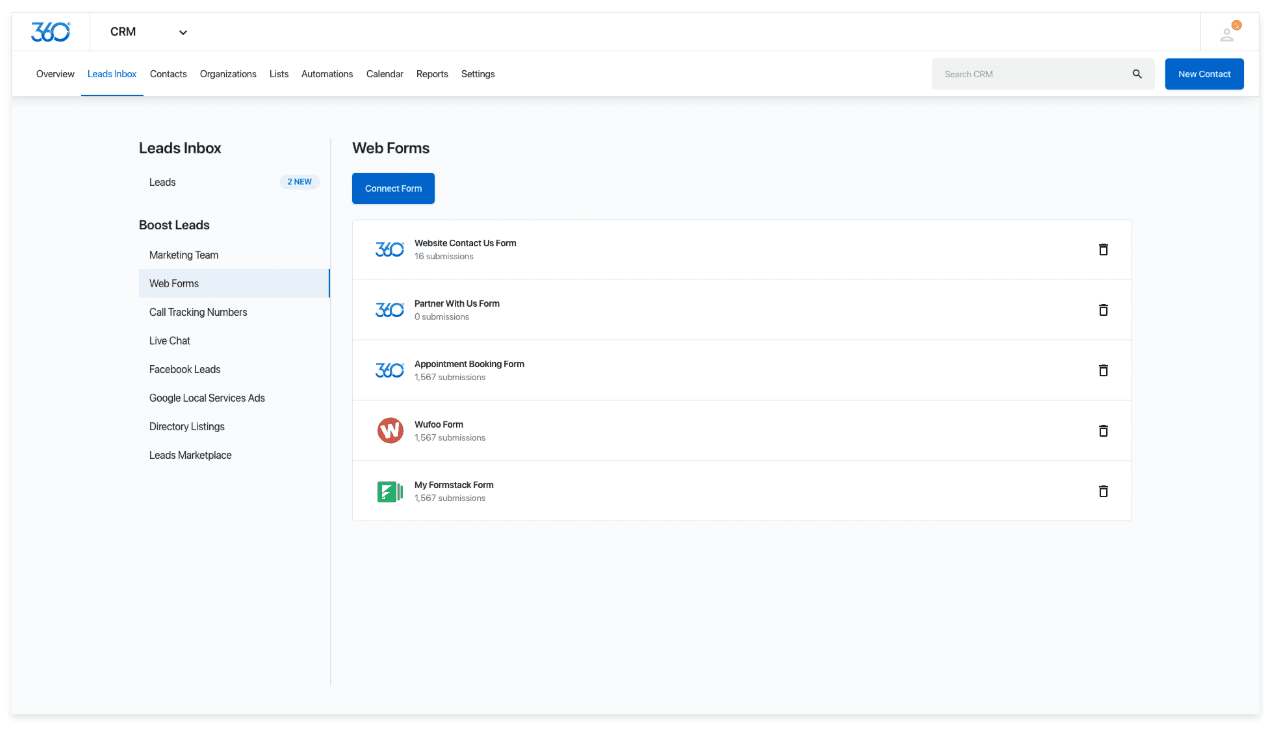 A list of web forms that a user has previously created with a button to create more