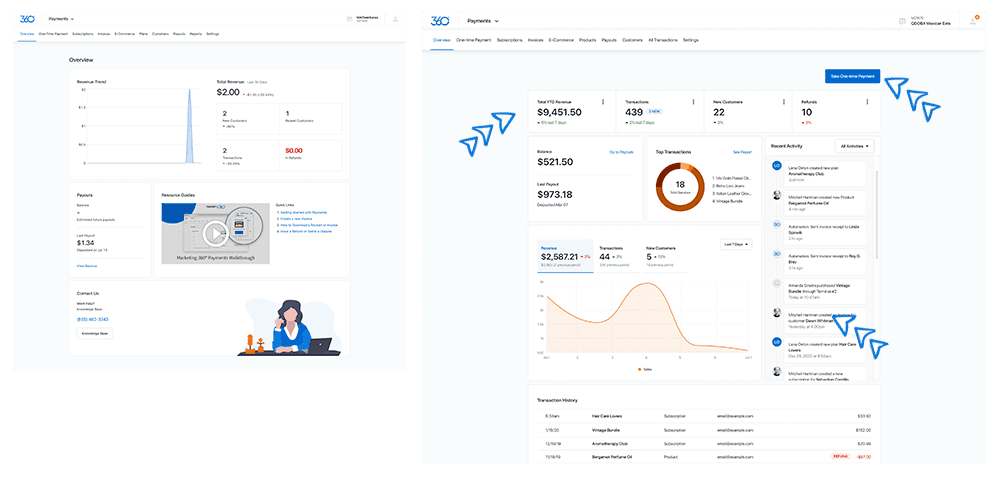 Comparing the old (left) Payments app dashboard with the new (right)