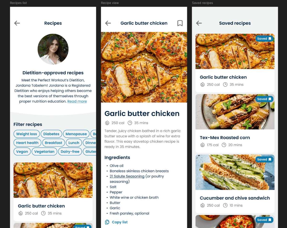 Flows that showcased the custom recipes developed by The Perfect Workout